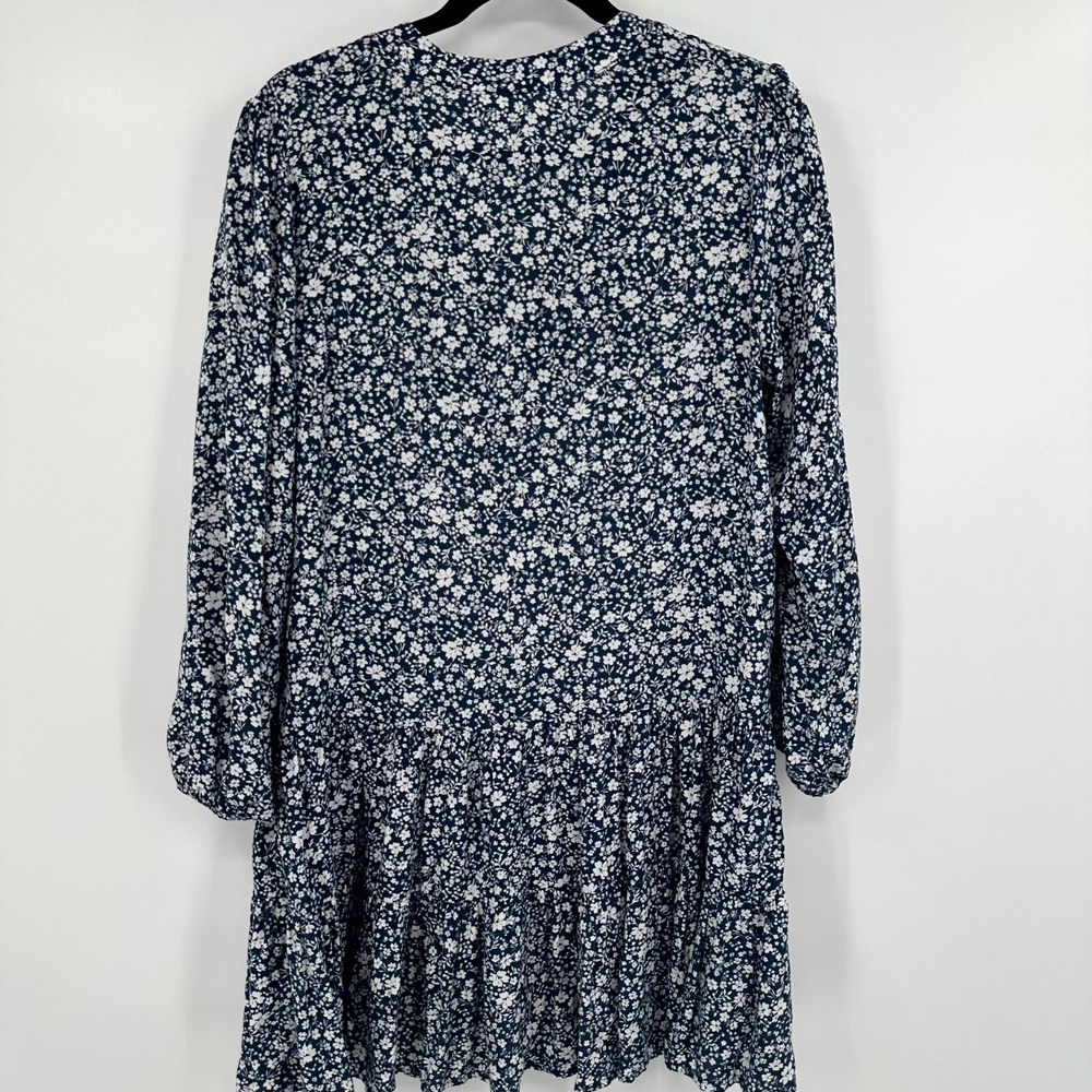 Mi Ami Mini Dress Womens Medium Blue White Boho Floral Rayon Pleated Long Sleeve - Picture 6 of 11